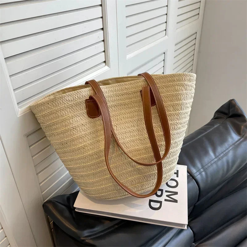 Womens woven basket handbag top handle handbag large straw portable shoulder bag summer beach party wallet shopping bag 241107