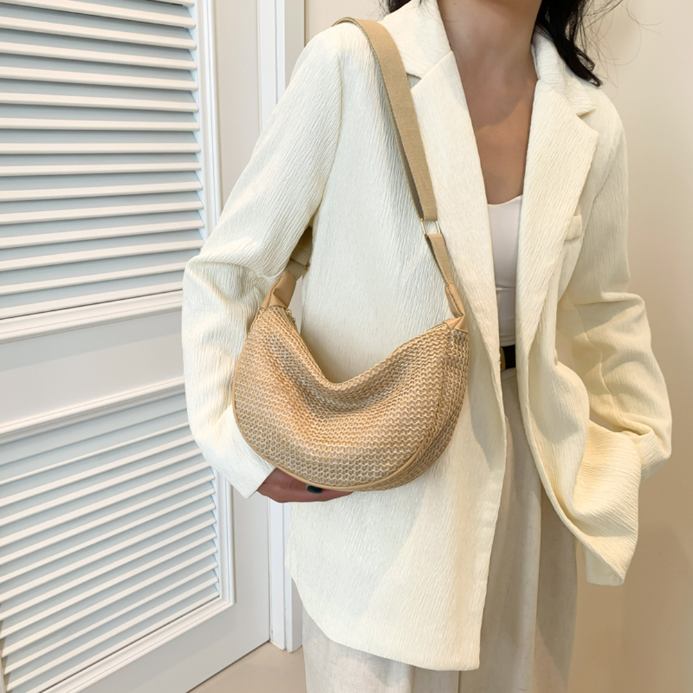 Women Straw Woven Shoulder Bag Large Capacity Summer Beach Bag Adjustable Strap Crescent Crossbody Bag Casual for Party Vacation