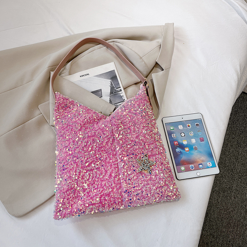 New Women Luxury Sequins Shoulder Bag Female Fashion Bucket Bag Girls Pink Large Capacity Bag Female Travel Handbags