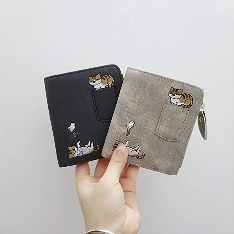 Embroidery Cat Women Short Wallet Zipper Coin Purse Short Women's Wallet Cute Mini Cards Holder Clutch For Girl Female Moneybag