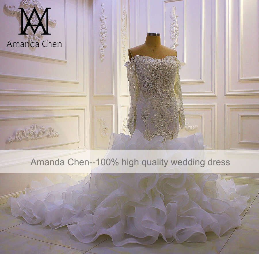 African Morden Off Shoulder Long Sleeve beading Mermaid Wedding Dress