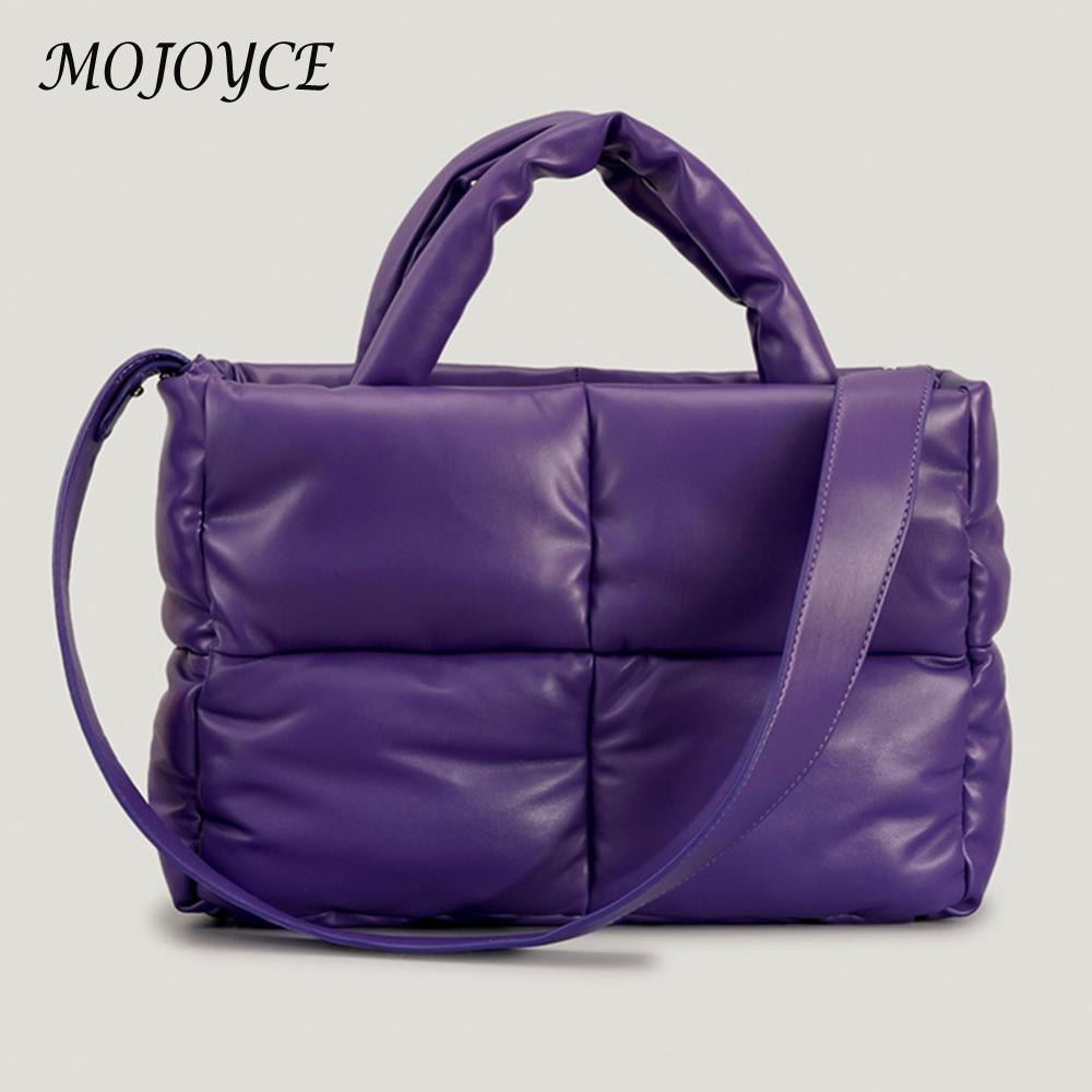 Women Puffer Shoulder Bag Large Capacity Top Handle Bag Solid Color PU Leather Lightweight for Shopper Travel
