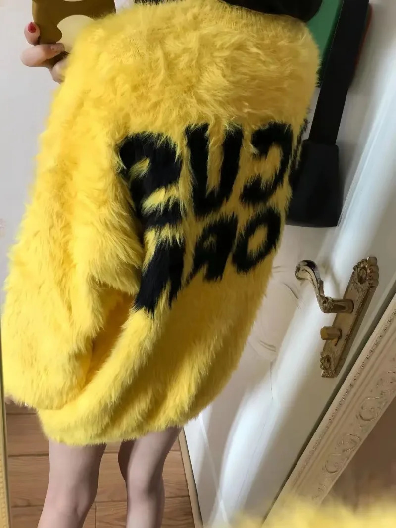 American Y2K Retro Letter Oversized Sweater Women Autumn Fashion Street Simple Plush Loose Harajuku Casual Knitted Sweater 241107