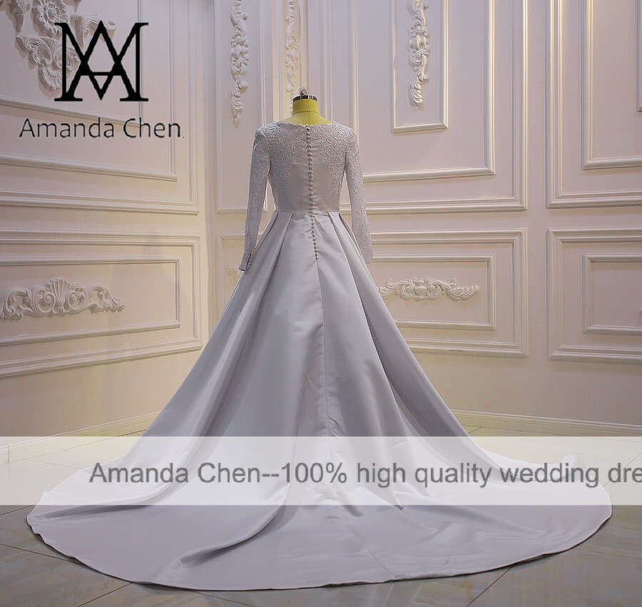 Simple A-e Lace Applique Satin Pure White Wedding Dress