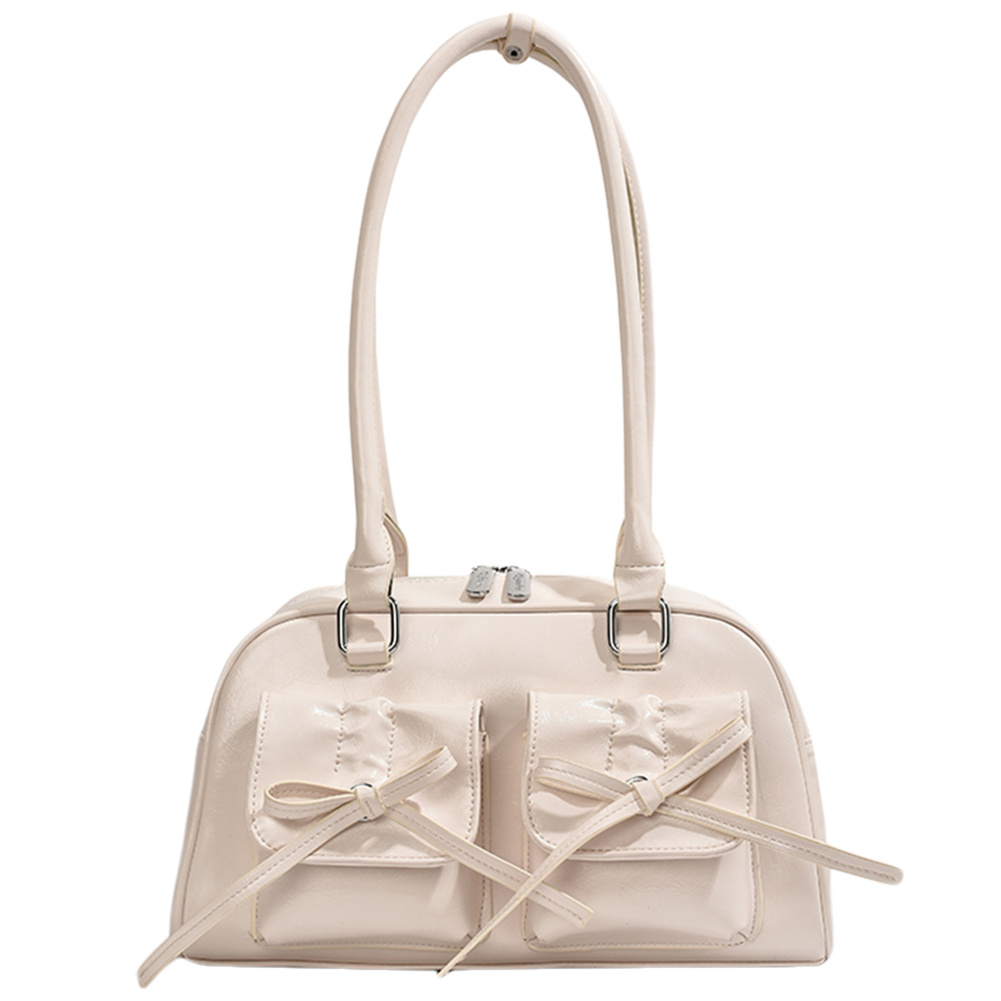 Women Stylish Underarm Bag Double Pockets PU Leather Simple Shopping Bag with Bow Small Tote Bag Solid Color for Travel Vacation