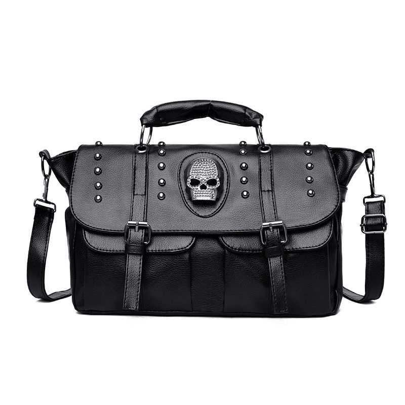 Black Large Capacity Shoulder Bag Skill Pattern Y2K Style Crossbody Bag Faux Leather Casual Fashion Skeleton Punk Bag