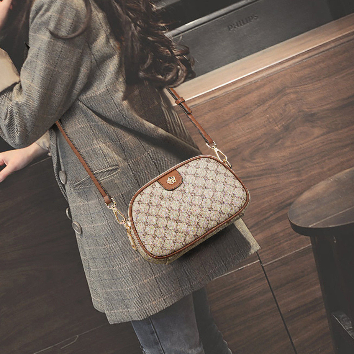 FOXER Monogram Prints Women's Gift Messenger Bag PVC Round Shoulder Bag Female Fashion PU Leather Tow-tier Zipper Crossbody Bags