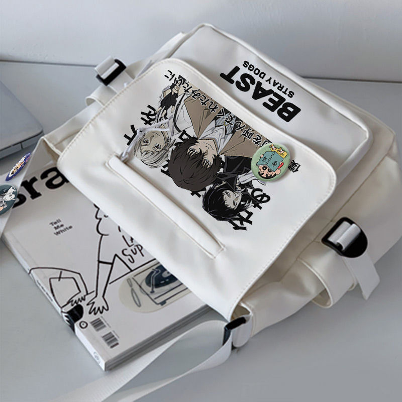 Anime Bungo Stray Dogs Shoulder Bag Black White Messenger Cartoon With Front Zipper Badges Crossbody