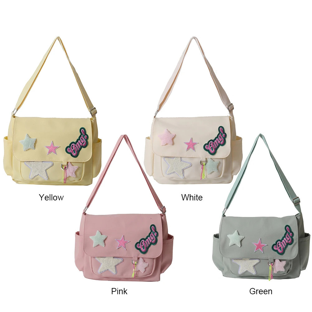 Women Cute Messenger Bag Large Capacity Canvas Kawaii Crossbody Star Letter Applique Candy Color Leisure Travel Outdoor 241106
