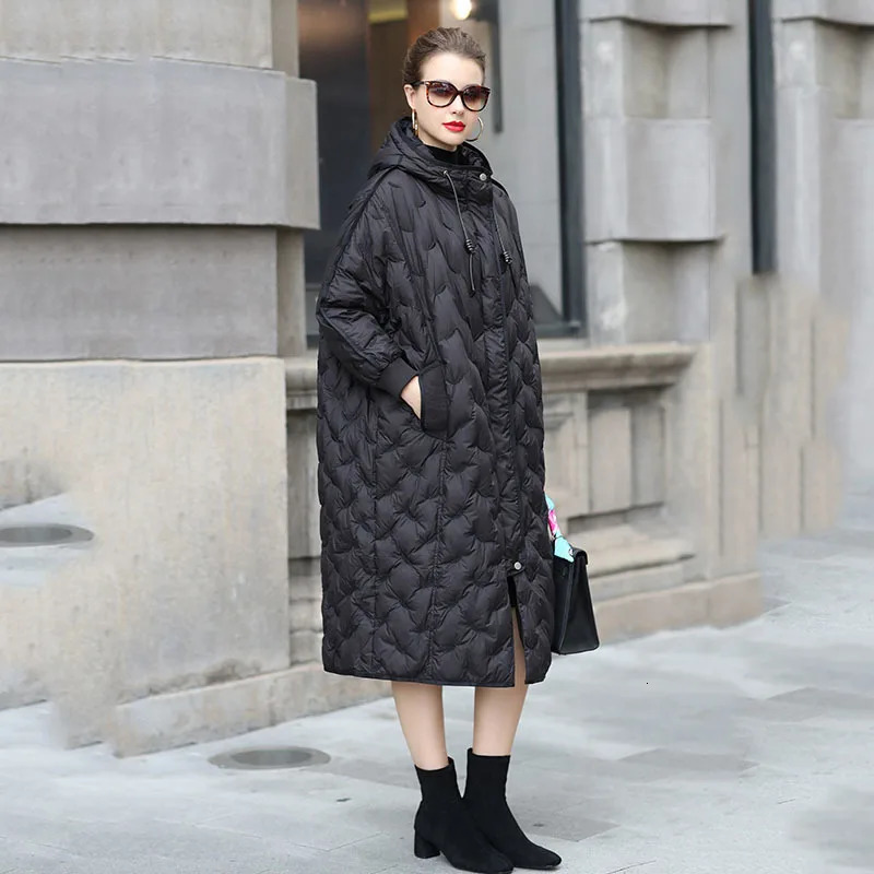 Womens Winter Embroidered Long Down Jacket Hoodie Brown Super Large Cap Puff Jacket Black 90% White Duck Down Jacket 241107