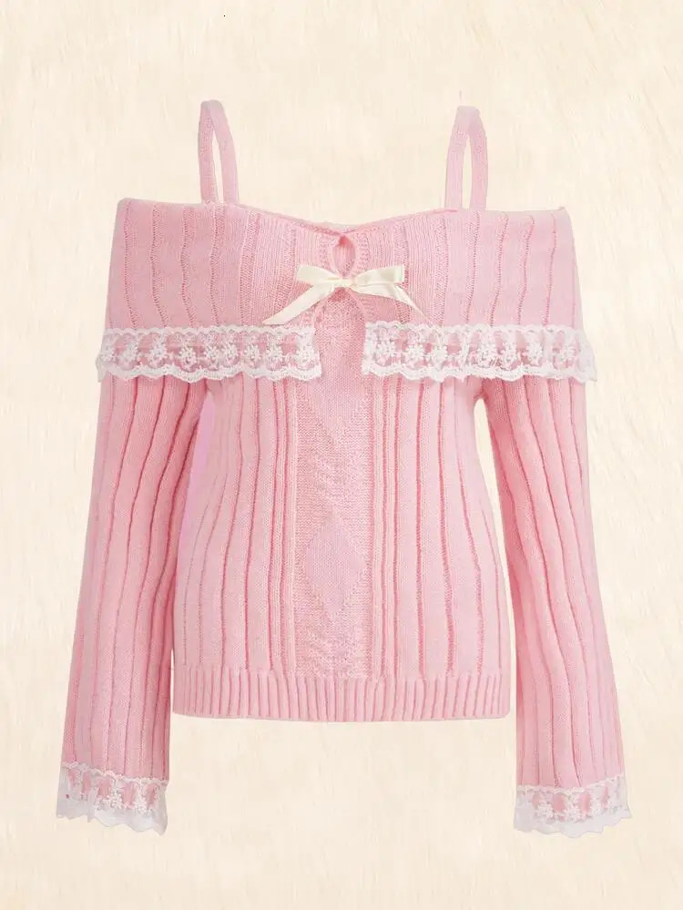 Grunge Women Off Shoulder Knit Sweater Pink Pullover Sweet Pullovers Long Sleeve Bow Lace Patchwork Jumpers Y2k Streetwear 241107