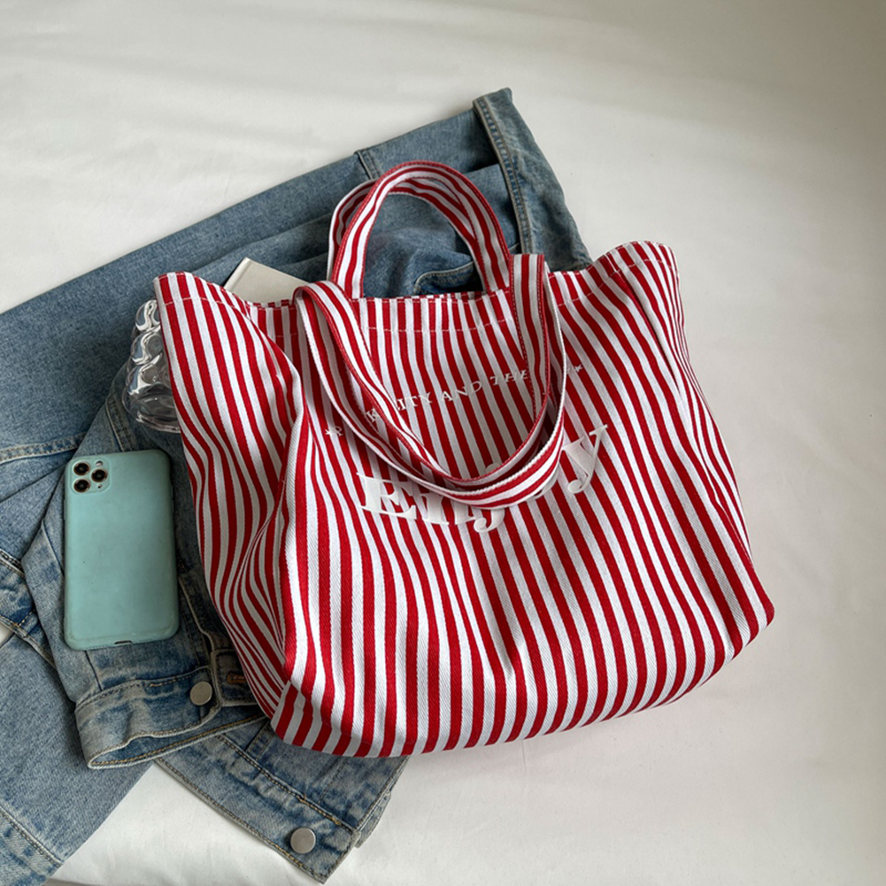 Striped Canvas Casual Tote Bag Lightweight Satchel Purse Soft Shoulder Purse Weekender Beach Bag for Women