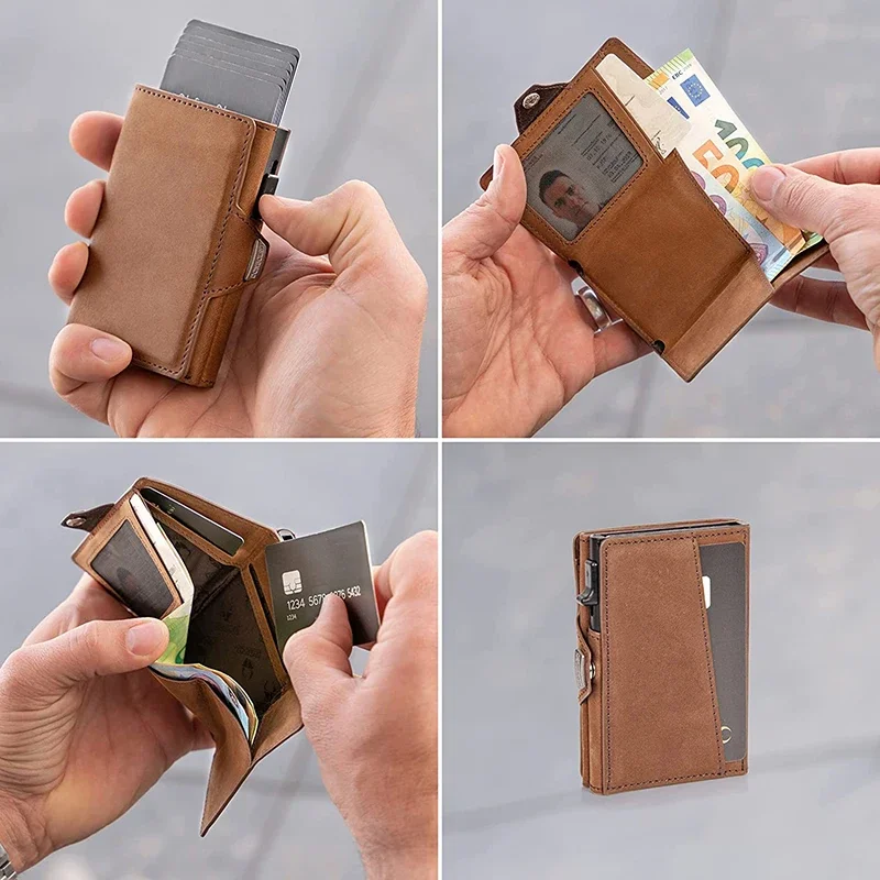 Pop-up Credit Card Case High-Quality Card ID Holders Leather Mini Wallet Men RFID Small Purse Brown Black Coffee Carbon Fiber