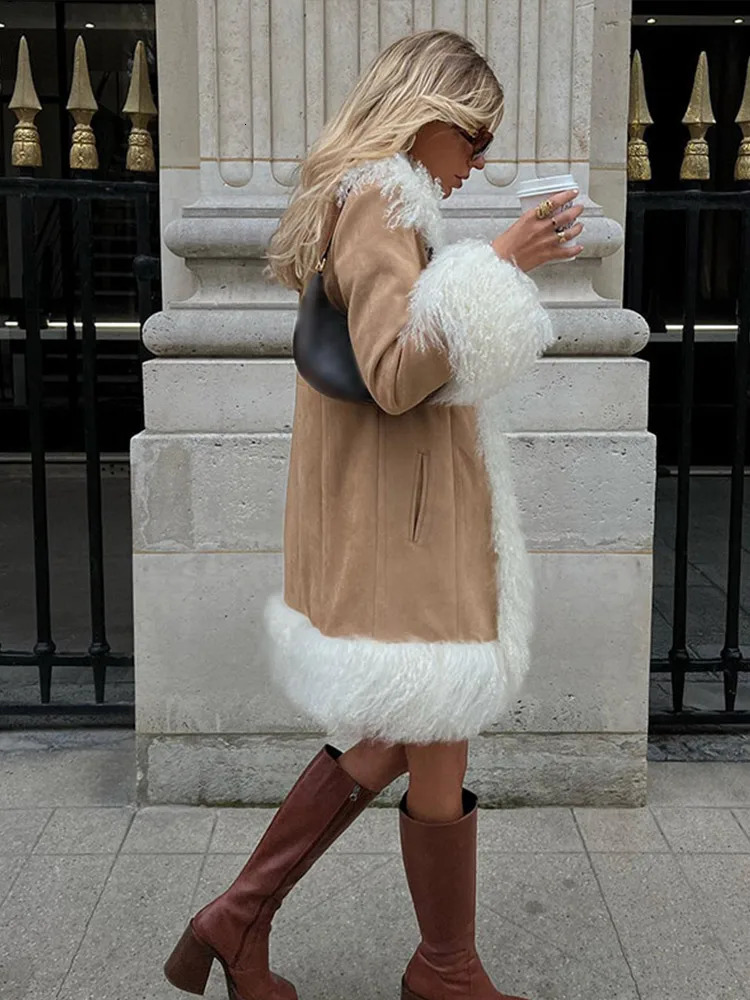 Artificial fur patch work thick coat womens lapel fur loose long sleeved warm coat winter casual pocket coat 241107