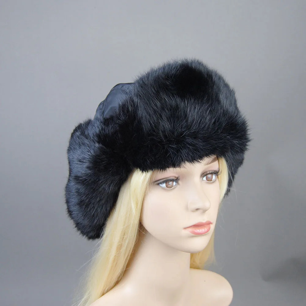 Womens winter real rabbit fur hat windproof super bomber natural soft warm hat earmuffs mens flat Russian style pilot hat 241106