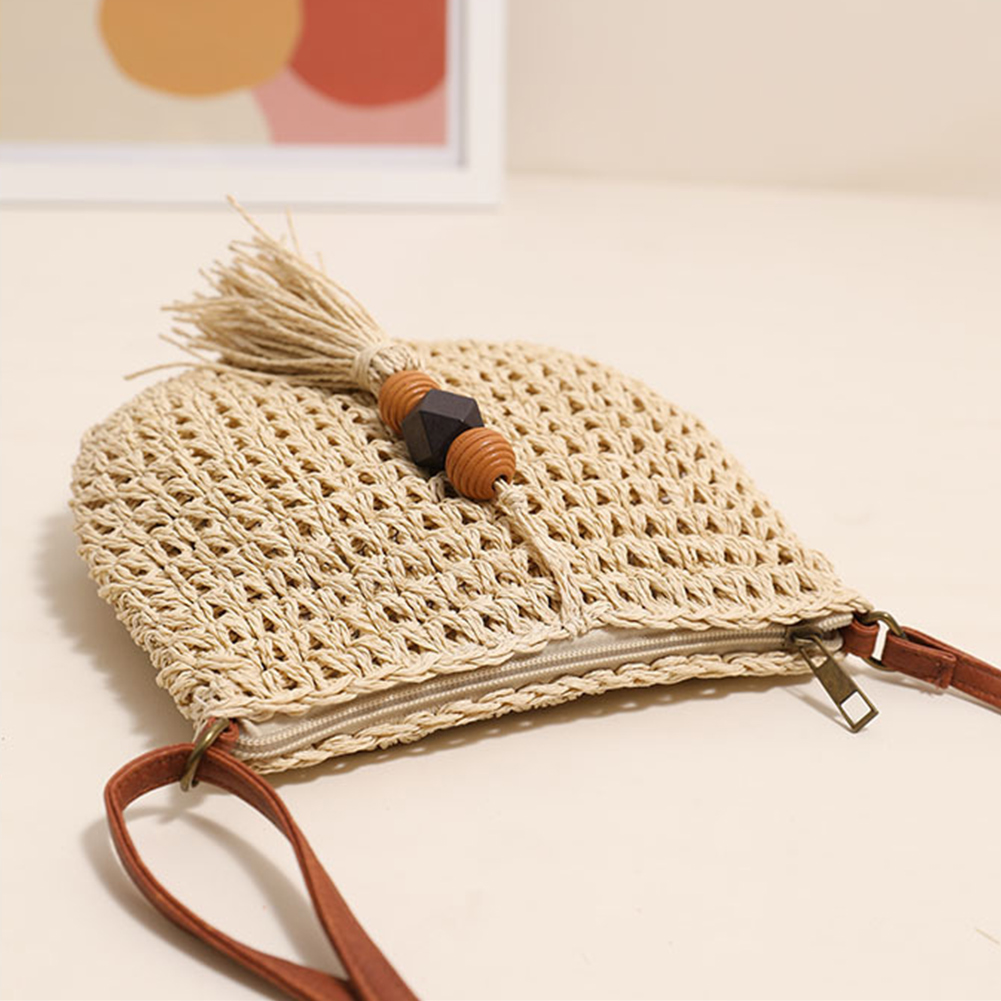 Women All-Match Bag with Tassel Small Straw Crossbody Bag Roomy Hobo Bag Casual Shopper Bag for Daily Office Use Solid Color Bag