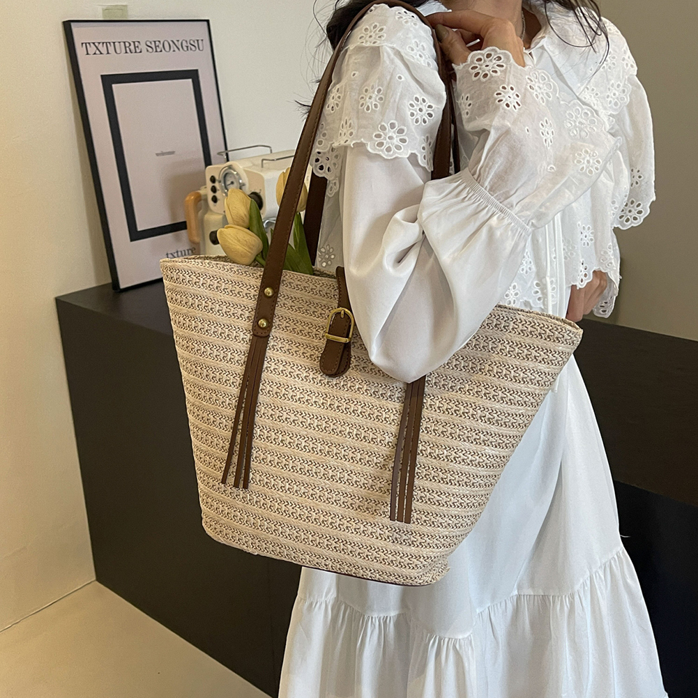 Women Fashion Woven Tote Bag Large Capacity Underarm Bag Summer Straw Weaving Ladies Shoulder Bag Vacation Elegant Tote Handbags