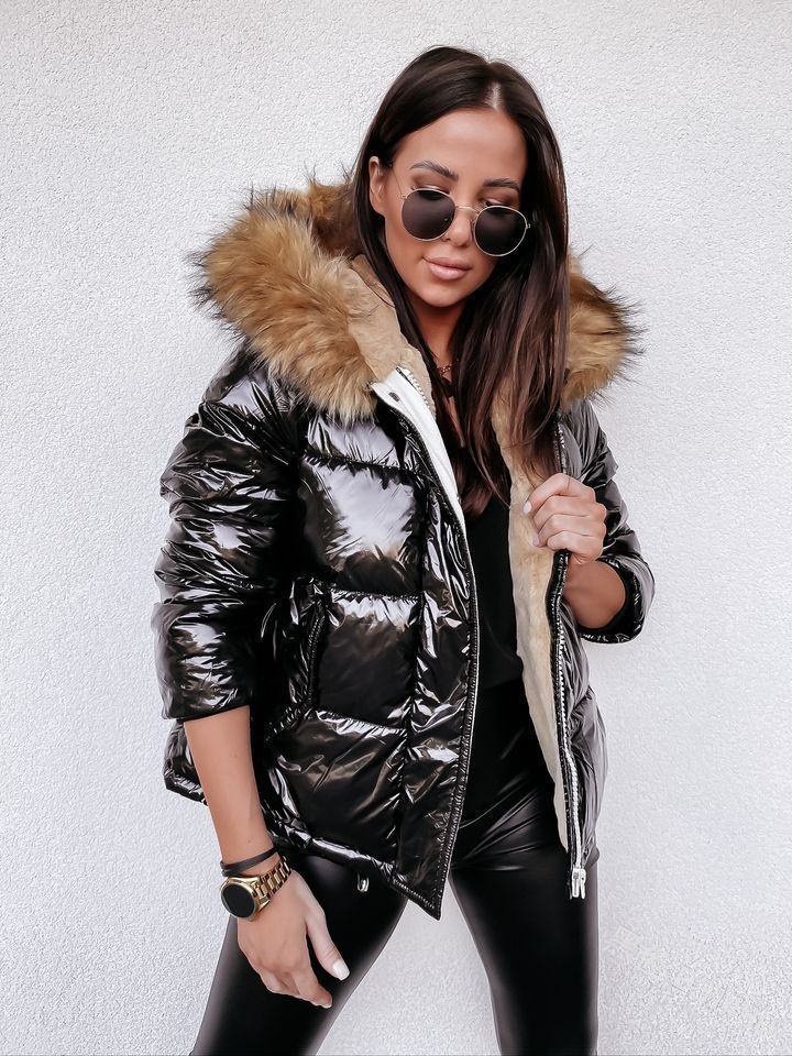 Punk Women Winter Red Down Cotton Jacket Fashion Glossy Black Big Hooded Thick Shiny Loose Big Fur Warm Parkas Lady Coat 201126