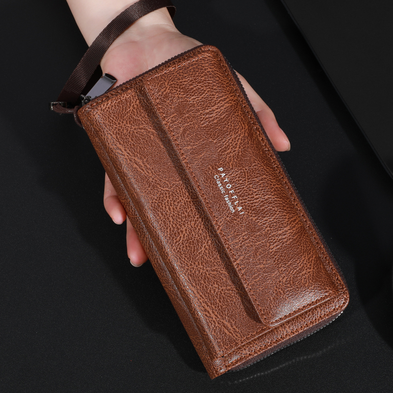 PT048,Men's PU Zipper Handbag Large Capacity Long Clutch Phone Bag Multi Card Holder Coin Purse Wallet Double Layer