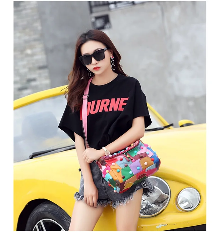 Women's Message Bag Soft Leather Girls Patchwork Multicolor Street Travel Shoulder Bags
