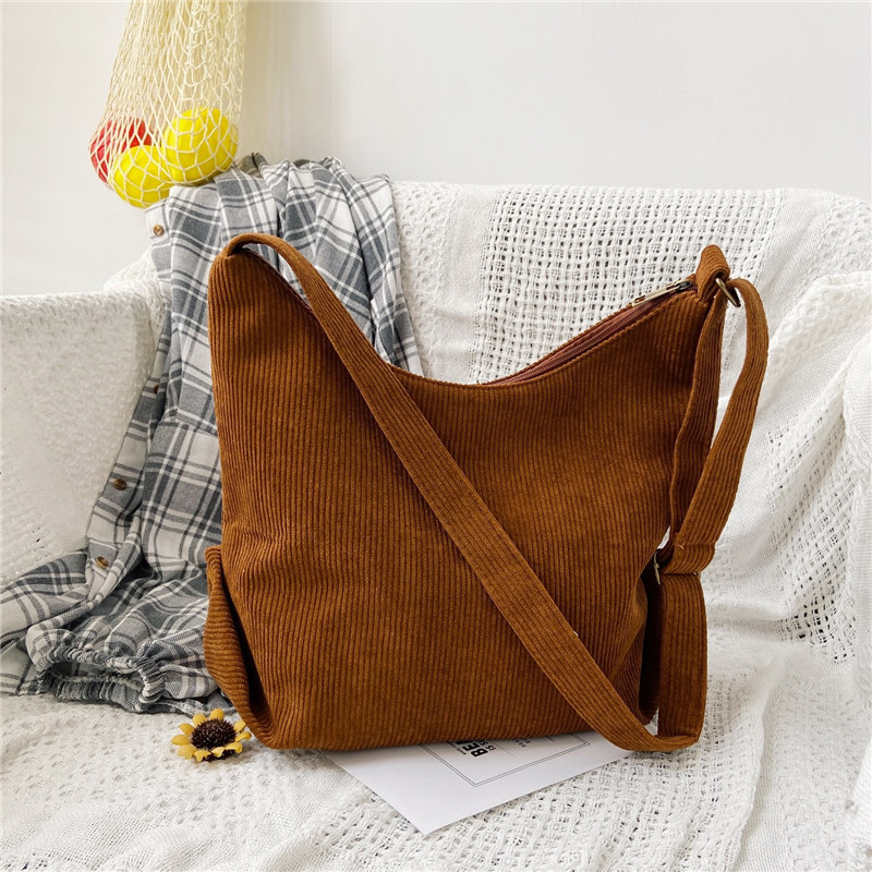 Women Striped Corduroy Bags Letters Embroidery Canvas Zipper Crossbody & Shoulder Bag Eco Cloth Purse Solid Handbags For Ladies