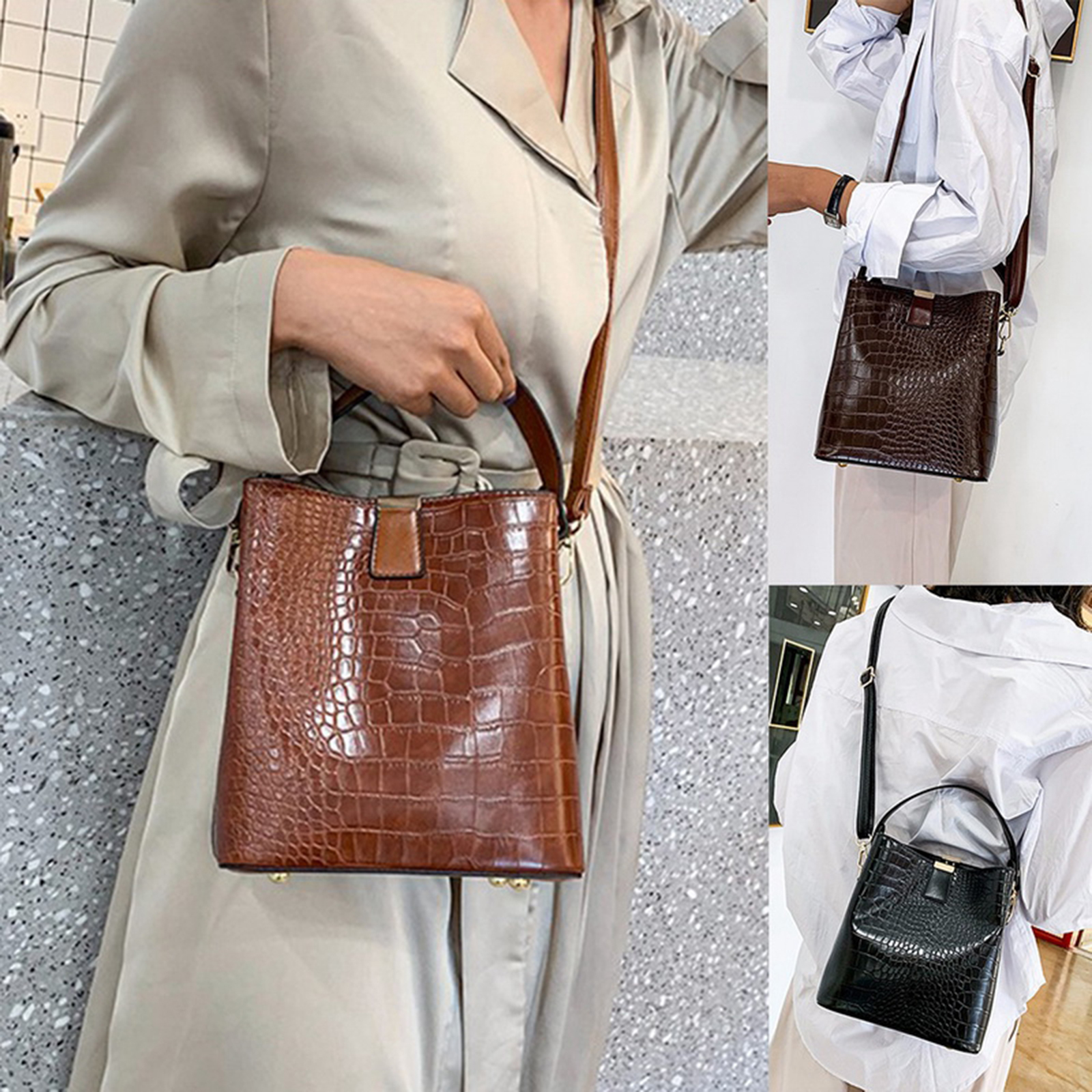 Leather Bucket Bag Handbag Satchel Luxury Ladies Work Totes Detachable Strap