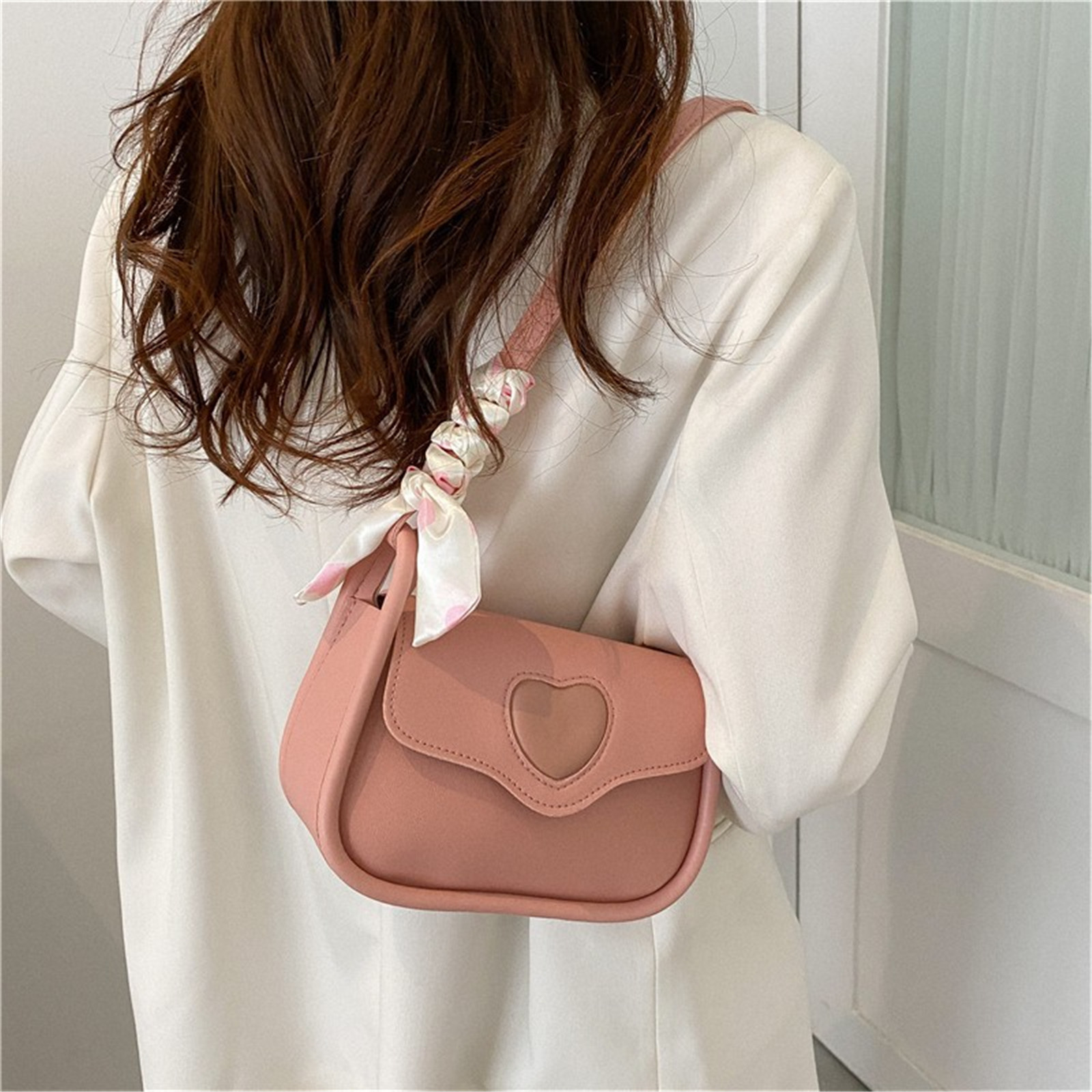 Cute Love Heart Square Shoulder Bags Women Fashion PU Leather Underarm Bag Casual Simple Ladies Crossbody Purse with Scarf