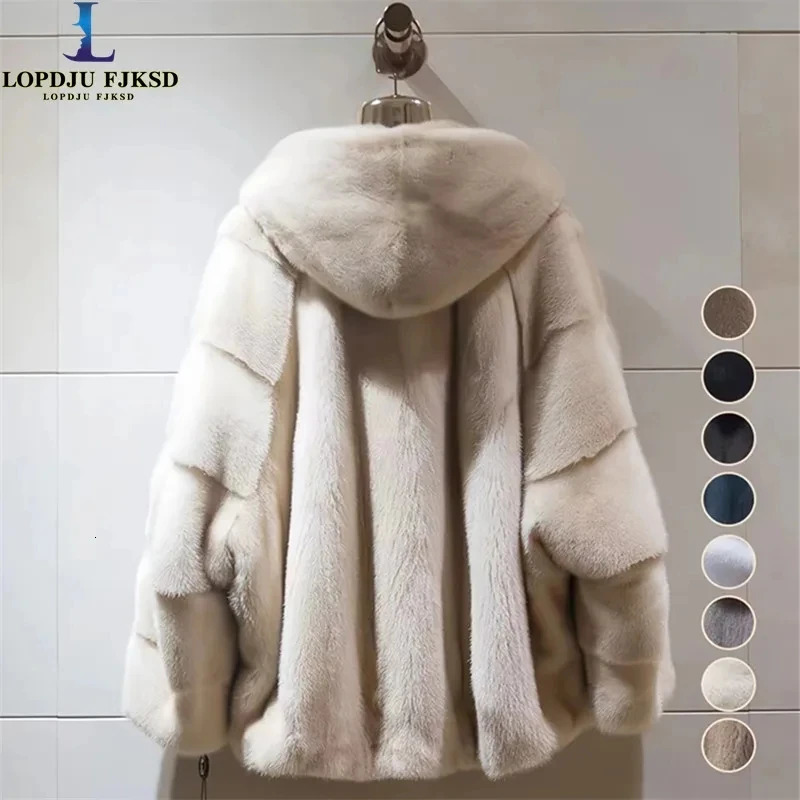 Womens faux mink coat hooded long jacket thick warm clothing batwing sleeves high quality autumn/winter 241107