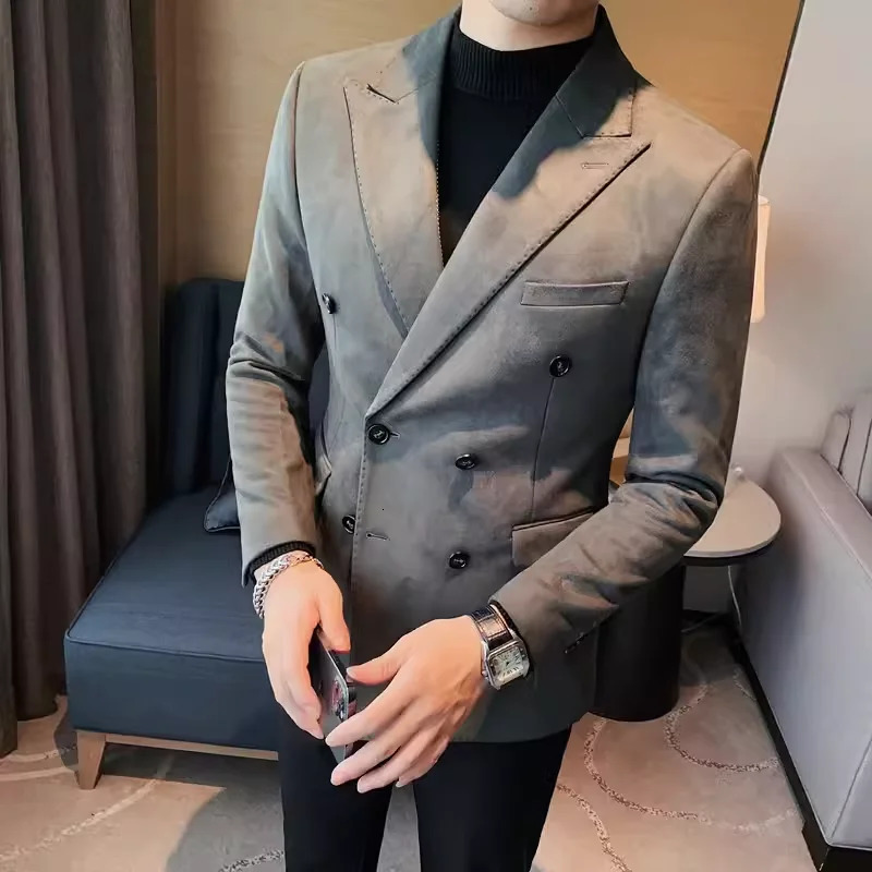 2024 High-quality fashion handsome business casual suede suit jacket mens autumnwinter Korean slim solid color suit 241107