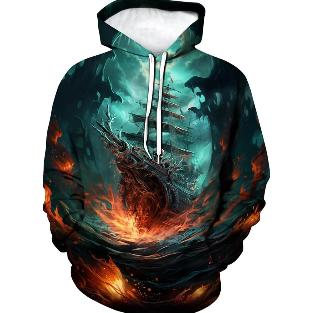 Hoodie for Mens Funny Pirate Hoodie Pirate Ship Graphic Sweatshirt Graphic Hoodies sweatshirt Pullover Long Sleeve Cool patterns