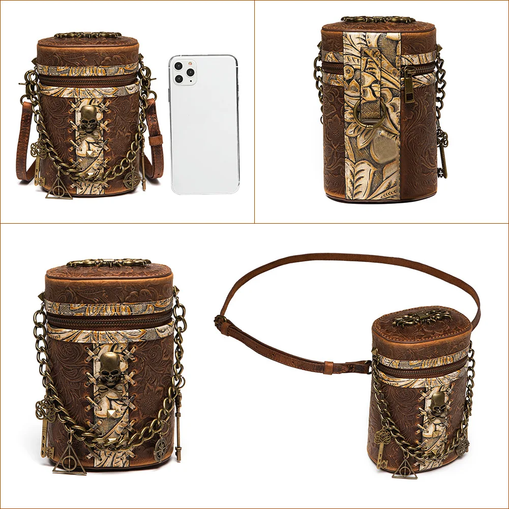 Gear Gothic Woman Leather Bucket Medieval Steampunk Messenger Bag Punk Waist Bag Skull Decoratived Chain Single Shoulder Bag