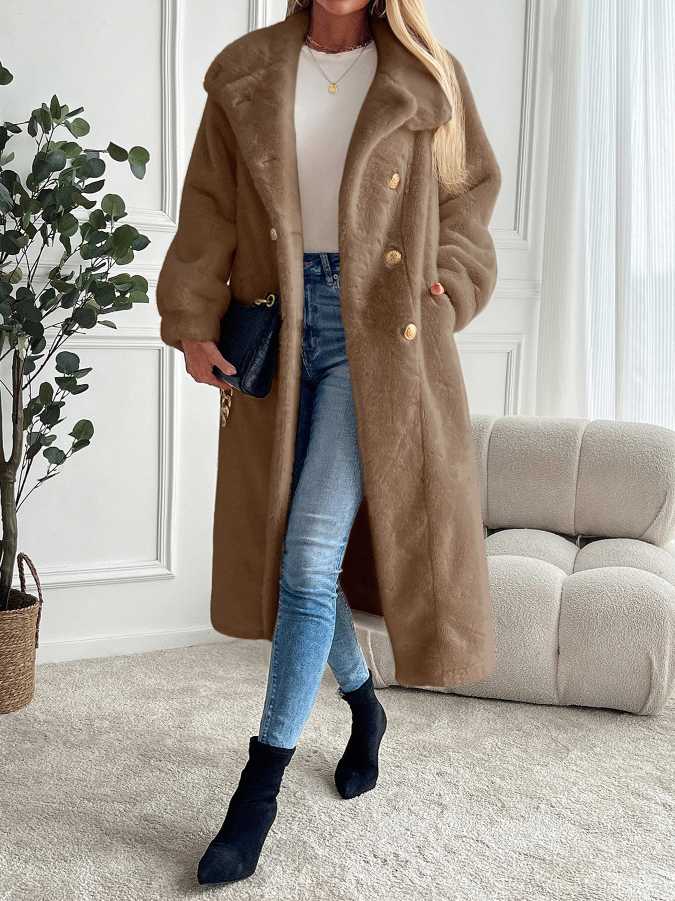 Artificial fur coat long coat womens lapel double-layer loose warm high-end atmospheric coat jacket for autumn and winter 24 241107