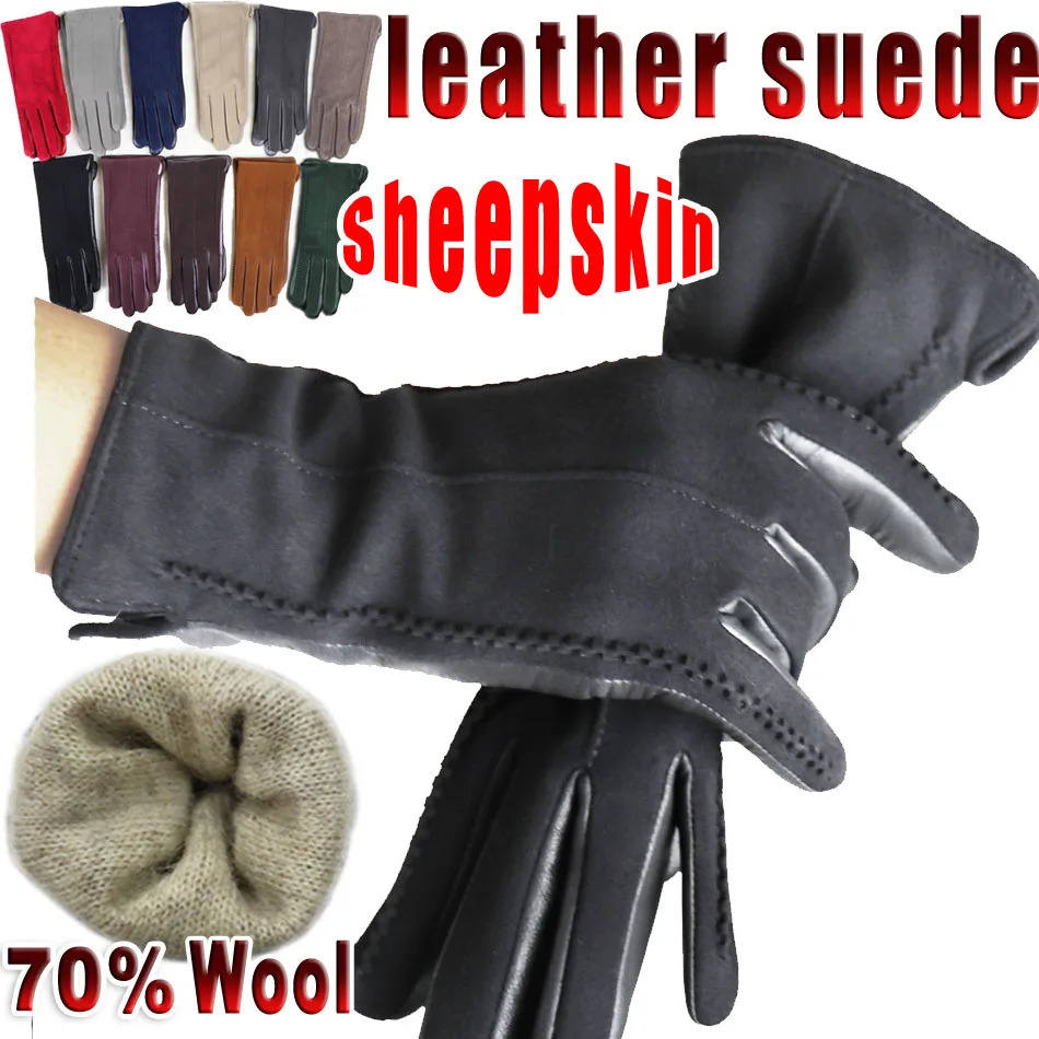 Leather gloves womens sheepskin suede gloves frosted leather autumn and winter thin thick warm knit lining fashionable 241106