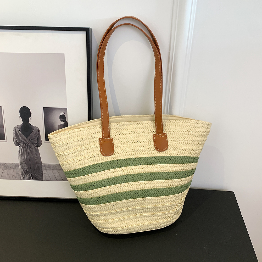 Women Straw Shoulder Bag Color Contrast Weaving Travel Bag Large Capacity Striped Straw Handbag Ladies Summer Daily Bag