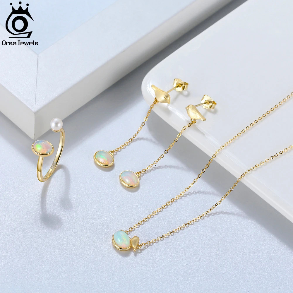ORSA JEWELS 925 sterling silver natural opal earrings necklace ring set exquisite jewelry set for womens birthday gift SSGM02 241106