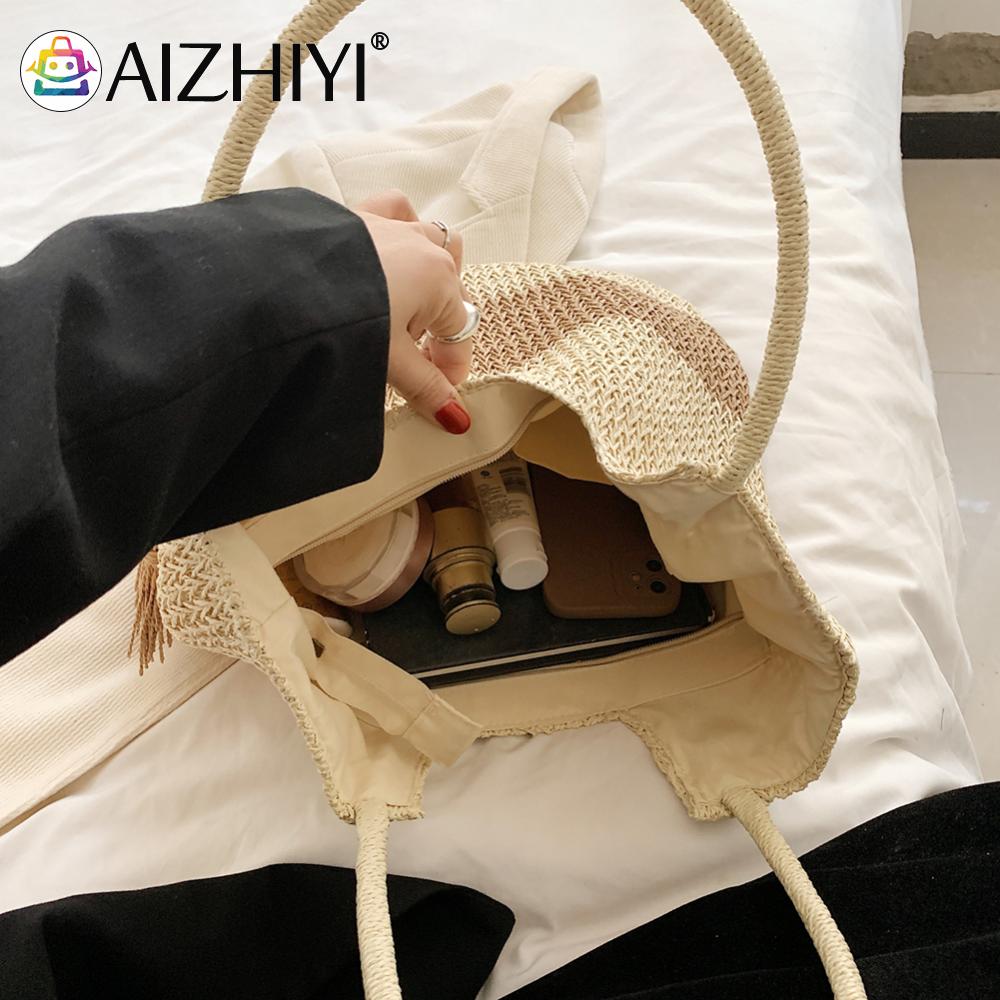 Summer Top-handle Bag Contrast Color with Tassels Beach Vacation Bags Large-Capacity Handmade Fashion Casual for Seaside Holiday