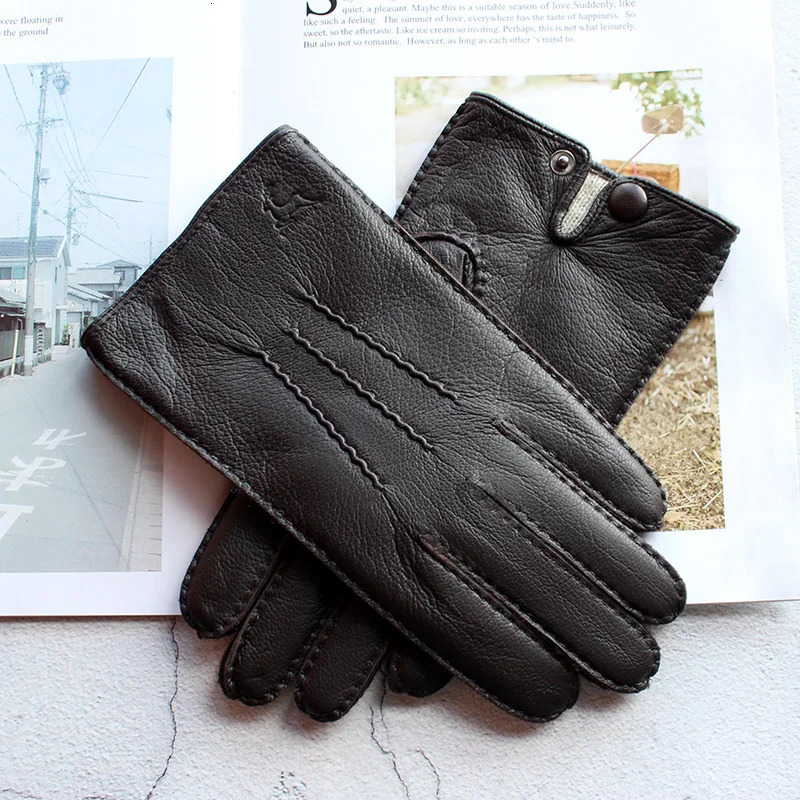 Winter driving leather deer gold gloves mens fashion wool lining autumn warm motorcycle driving finger gloves 241106
