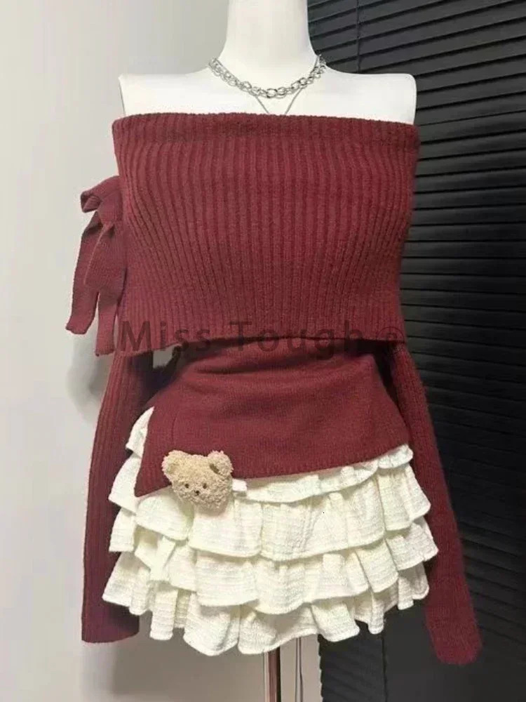 Fashion Sweet Elastic Slim 2 Piece Set Woman Winter Chic Solid Bow Long Sleeve Tops Female High Waist Thin Ruffle Short Skirt 241107