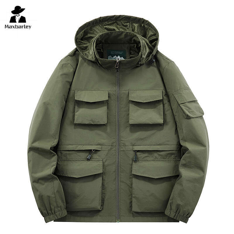 Workwear Men's Spring And Autumn Casual Thin Multi-Pocket Hooded Windbreaker Outdoor Waterproof Plus Size Sports Jacket