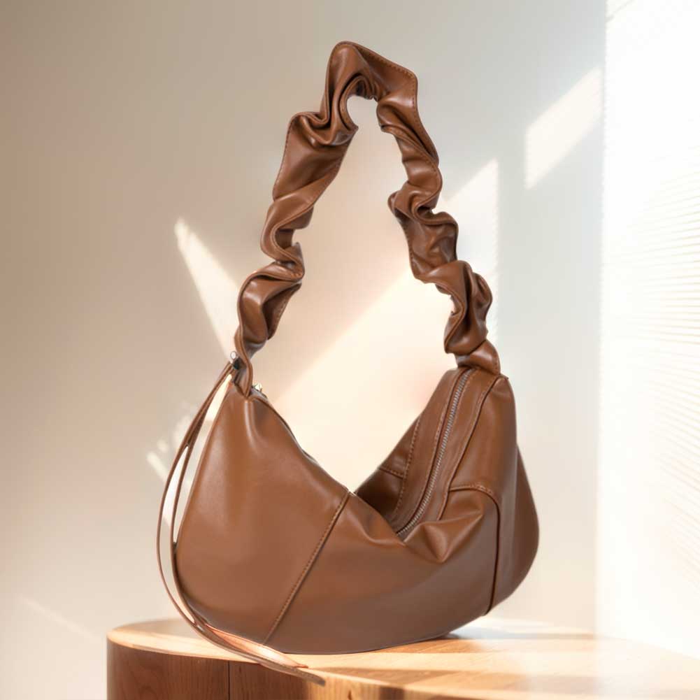 Women Pleated Dumpling Bag Large Capacity PU Drawstring Hobo Bag Stylish Crossbody Bag Adjustable Strap for Party Vacation
