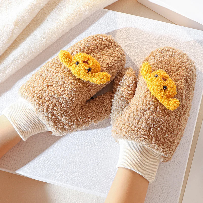 Womens Winter Plus Velvet Thick Knitted Hanging Collar Outdoor Warm Bicycle Gloves Cute Cartoon Dog Full Finger Plush Gloves S36 241107