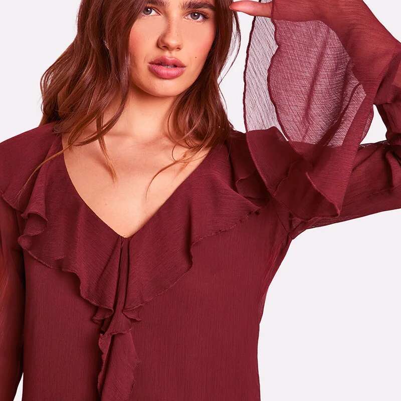 Talenza Ruffled Mesh Women's Red V-Neck Long Sleeve Elegant Maxi Skirt High Waist Vintage Patchwork Robe Party Dress