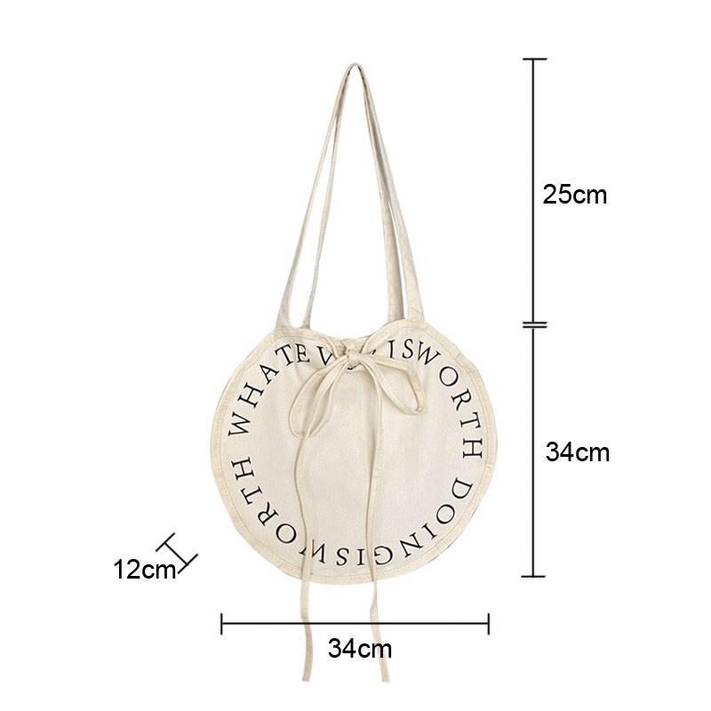 Hylhexyr Women's Round Shoulder Bag Letter Canvas Bags Simple Large Capacity Portable Casual Handbag Tie Rope