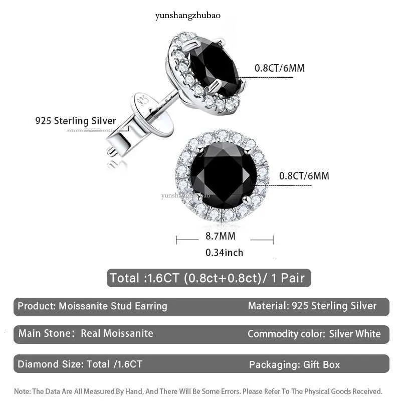 Trendy 0.8-1ct Black Moissanite Stud Earring for Men Women S Sterg Sier Fashion Hip Hop Dia Earrings Jewelry Gifts