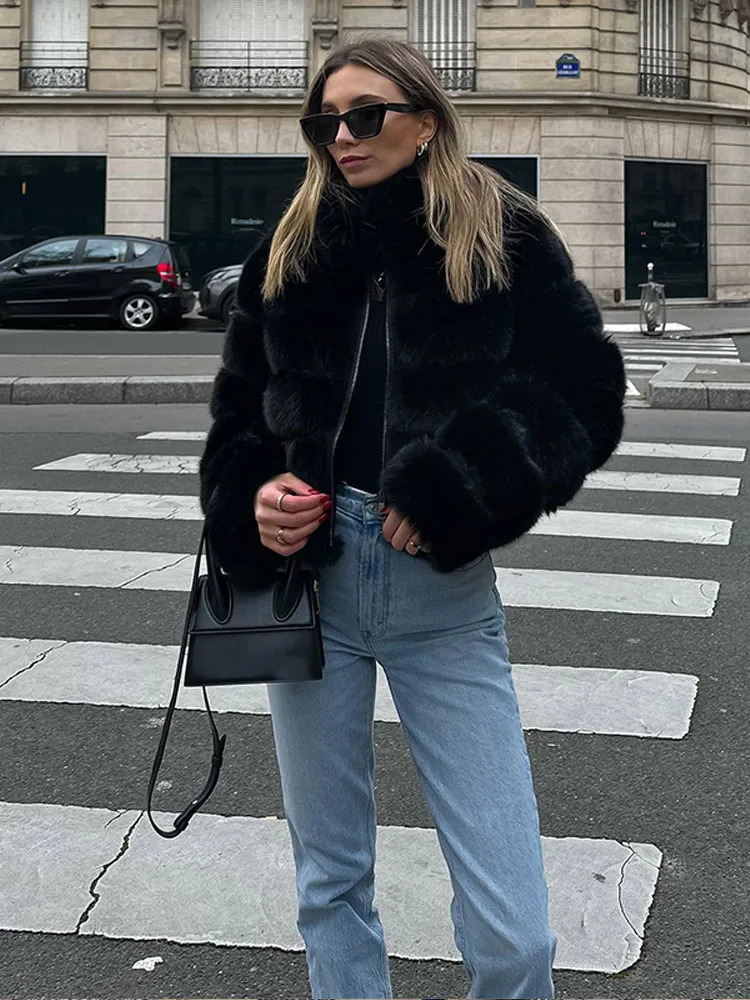 Women Fashion Solid Faux Fur Zipper Warm Coat Chic Stand Collar Long Sleeve Short Jacket 2024 Winter Ladies Thick Outerwear 241107