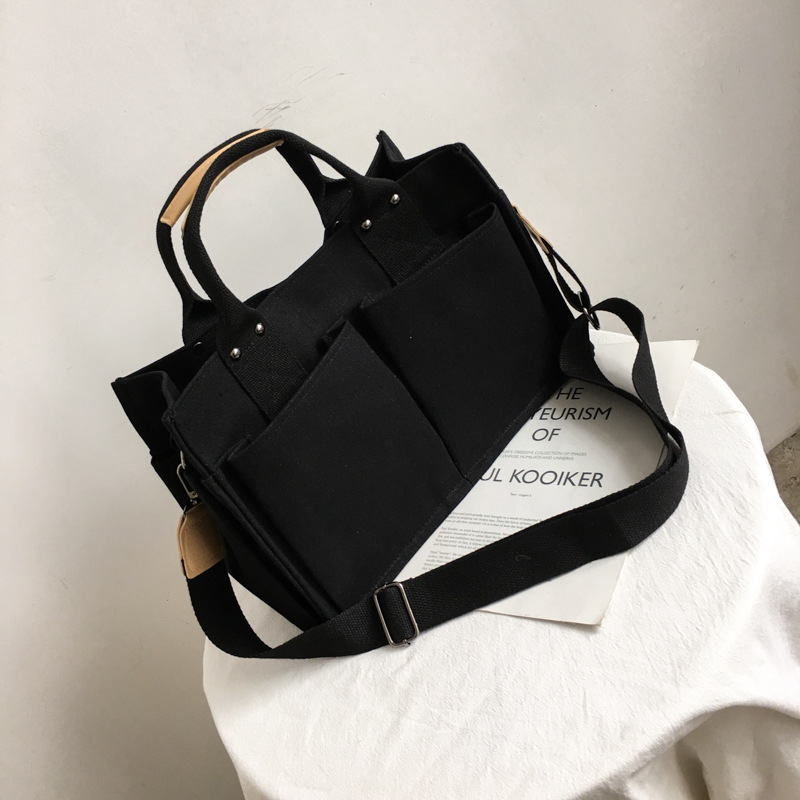 Women Casual Canvas Shoulder Bag Ladies Exterior Pockets Crossbody Messenger Bags Solid Thick Cotton Cloth Purses Girls Handbags