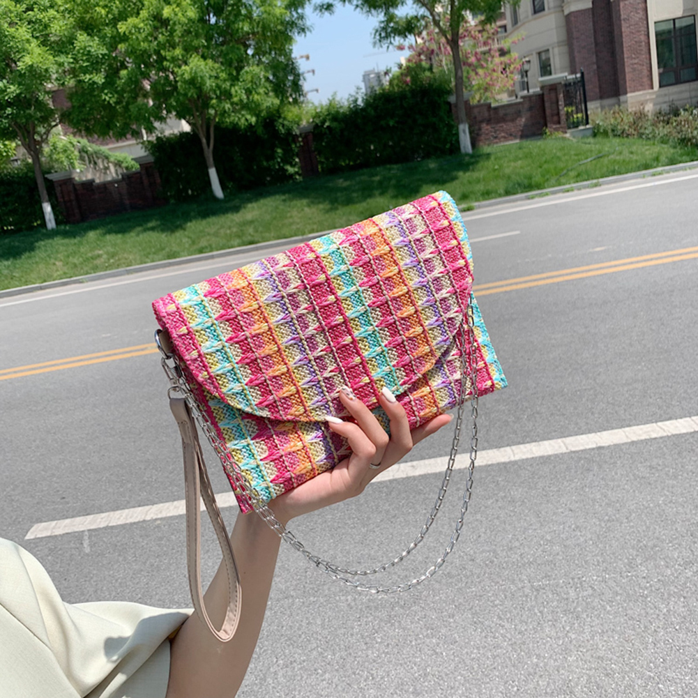 Boho Straw Clutch Purse Chain Colorful Striped Summer Beach Handbag Woven Envelope Wallet Wristlet Handbag for Women