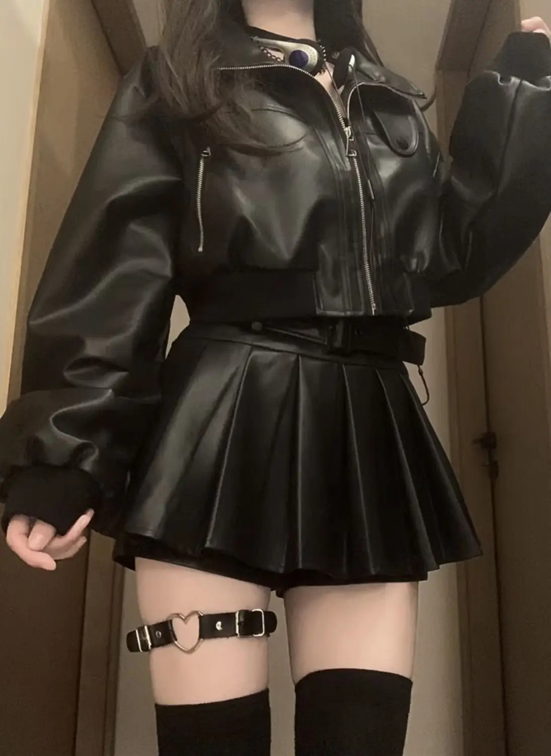 Streetwear Two Piece Set Womens Y2K Harajuku High Street Leather Black Dress Set Neo Gothic Sexy Biker Zip Jacket Pleated Skirt 241107