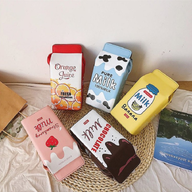 Cute Milk Box Women Shoulder Bag Designer Drink Cartoon Printing Crossbody Bags for Women 2021 Harajuku Small Coin Purses Girls
