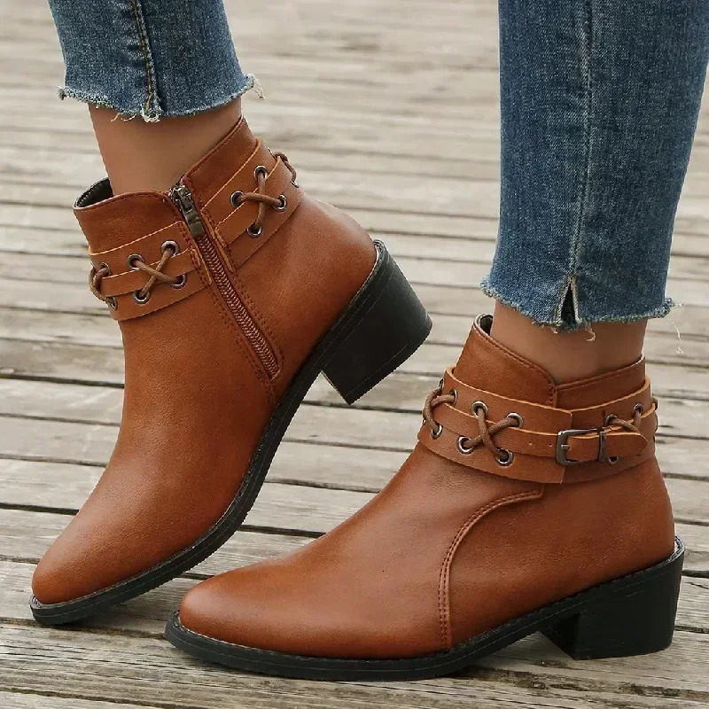 Womens Ankle Boots Autumn/Winter Pu Leather Short Boots Womens Side Zipper Thick Heel Riveted Leather Boots Womens Size 2024 241106